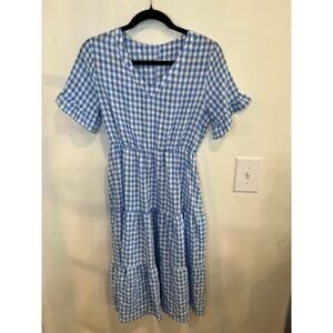Blue Gingham Tiered Midi Dress Cottagecore Ruffle Sleeve Size S